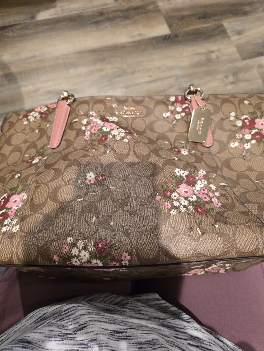 Coach Brown Floral Signature Tote with Pink Handles